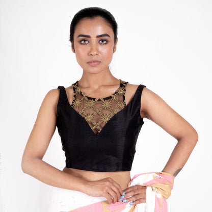 Women's Black Rawsilk Padded Blouse With Embroidered Net Neck Line