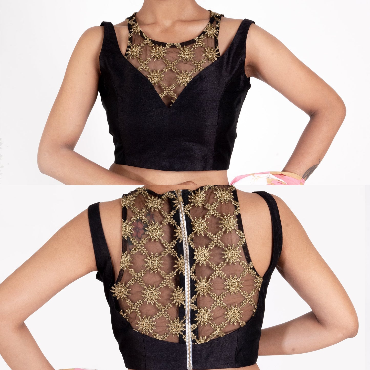 Women's Black Rawsilk Padded Blouse With Embroidered Net Neck Line