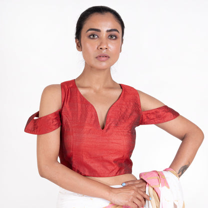 Women's Red Rawsilk Padded Blouse With Dropped Sleeves