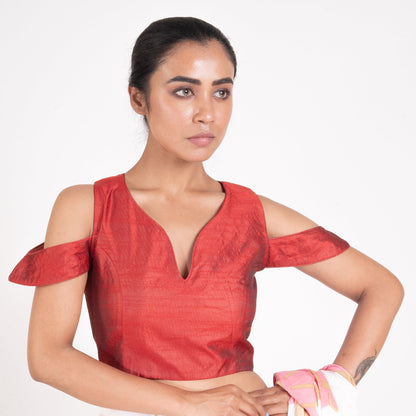 Women's Red Rawsilk Padded Blouse With Dropped Sleeves