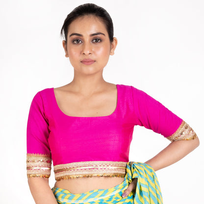 Women's Pink Rawsilk Padded Blouse With Golden Lace Detailing