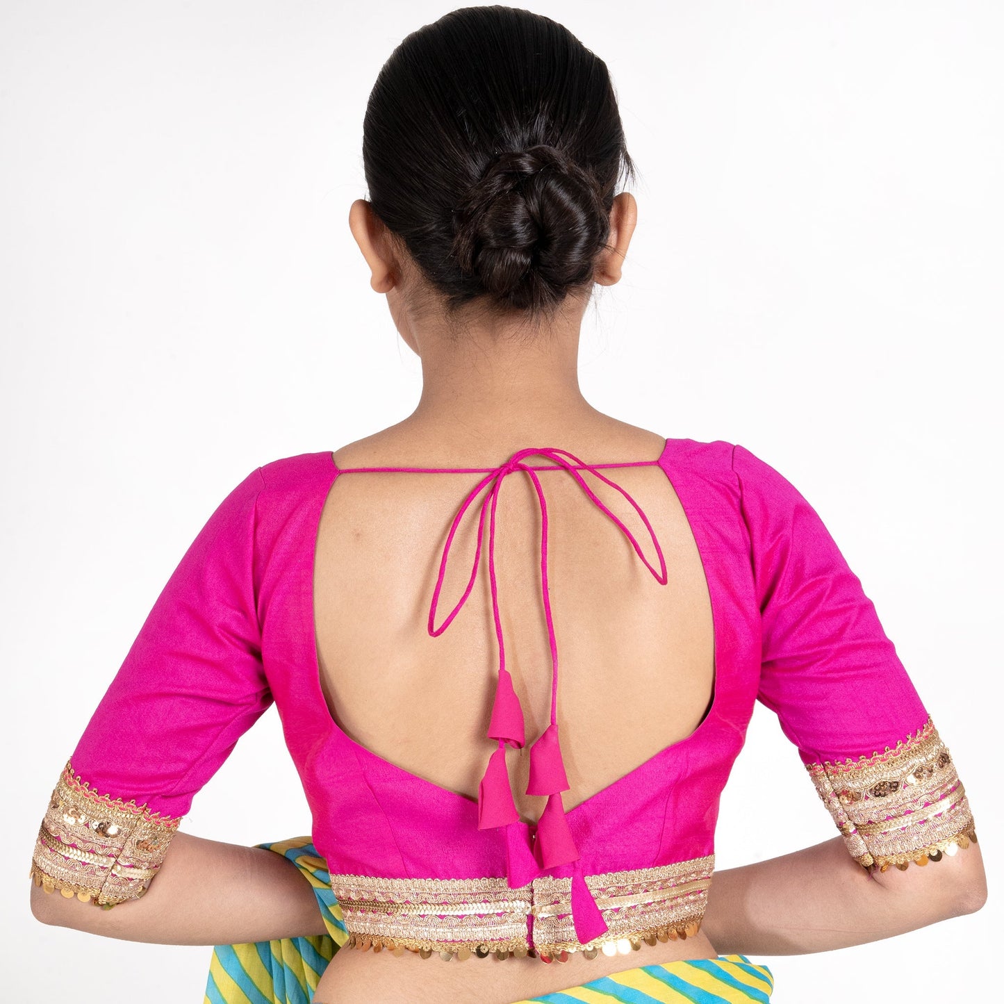 Women's Pink Rawsilk Padded Blouse With Golden Lace Detailing