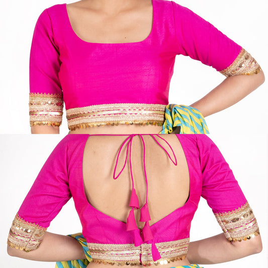 Women's Pink Rawsilk Padded Blouse With Golden Lace Detailing