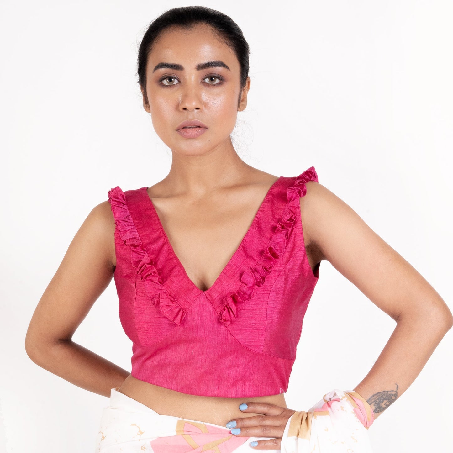 Women's Pink Rawsilk Padded Blouse With Ruffel Design