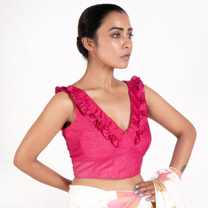 Women's Pink Rawsilk Padded Blouse With Ruffel Design