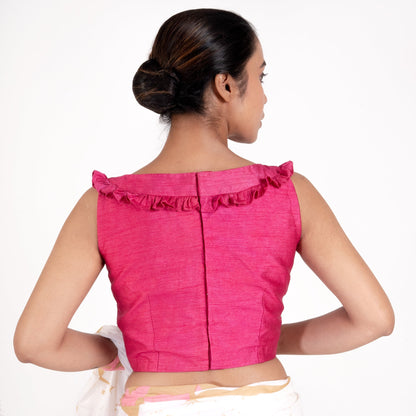 Women's Pink Rawsilk Padded Blouse With Ruffel Design