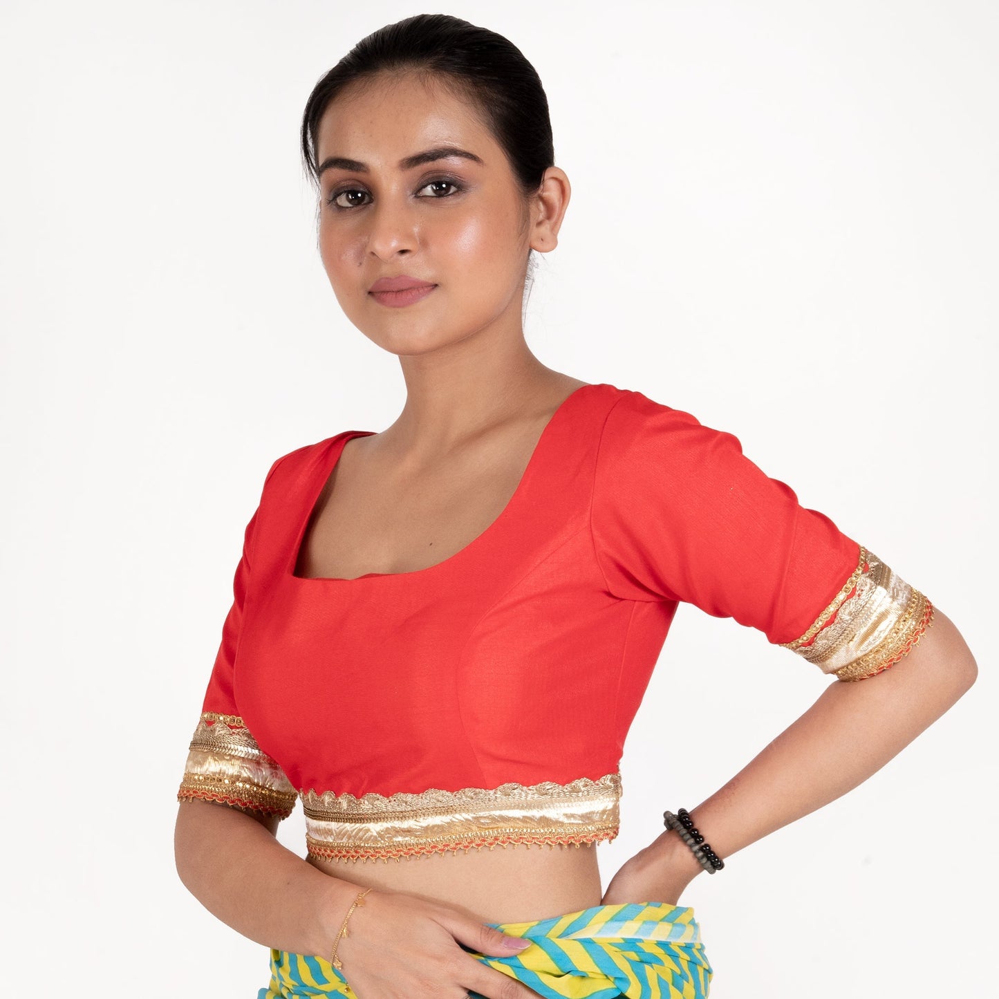 Women's Red Rawsilk Padded Blouse With Golden Lace Detailing