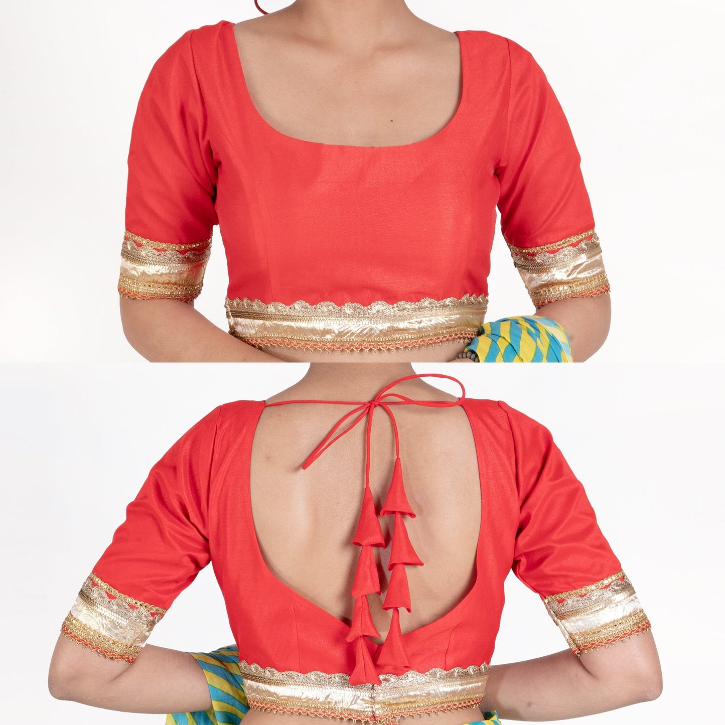 Women's Red Rawsilk Padded Blouse With Golden Lace Detailing