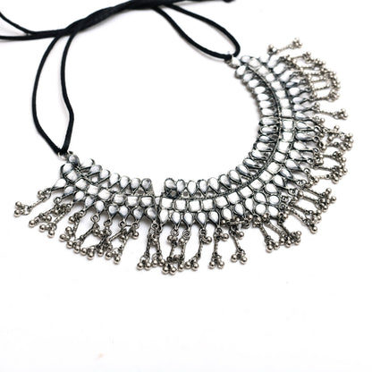 Silver-Plated Kundan Necklace with Earrings white Mangalsutra Jkms_084