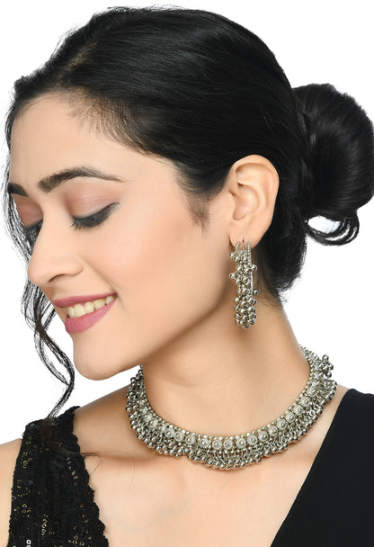 Trendia Silver-Plated Choker Necklace with Earrings Jkms_093