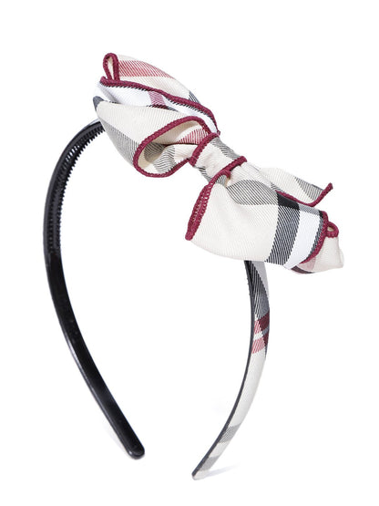 Women's  Beige And Maroon Checkerd Side Bow Hairband