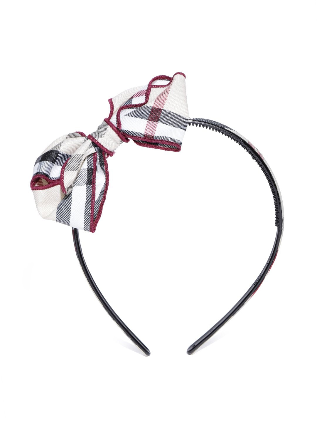 Women's  Beige And Maroon Checkerd Side Bow Hairband