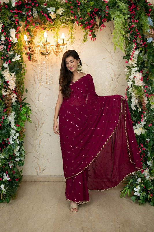 Women's Burgandy Saree with Blouse piece - Label Shaurya Sanadhya