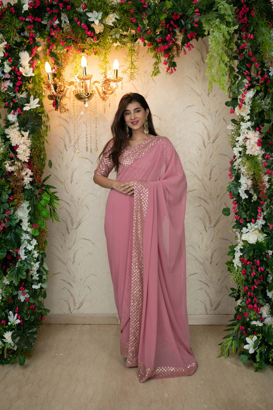 Women's Dusty Pink Saree with Heavy Sequin Border - Label Shaurya Sanadhya