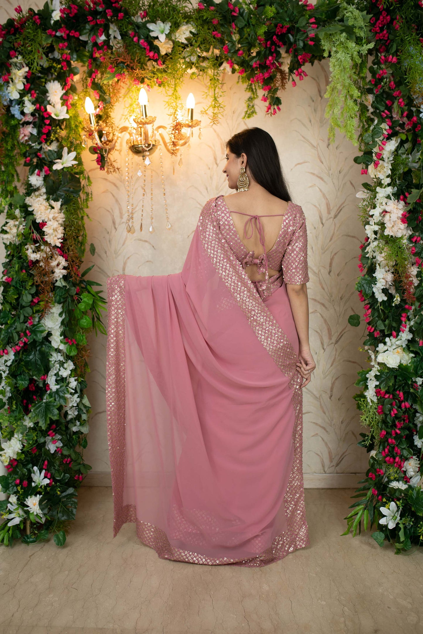 Women's Dusty Pink Saree with Heavy Sequin Border - Label Shaurya Sanadhya