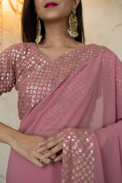 Women's Dusty Pink Saree with Heavy Sequin Border - Label Shaurya Sanadhya