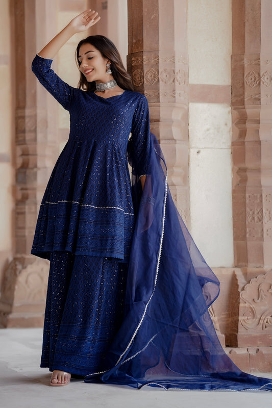 Women's Cobalt Blue Peplum Kurta Palazzo Set