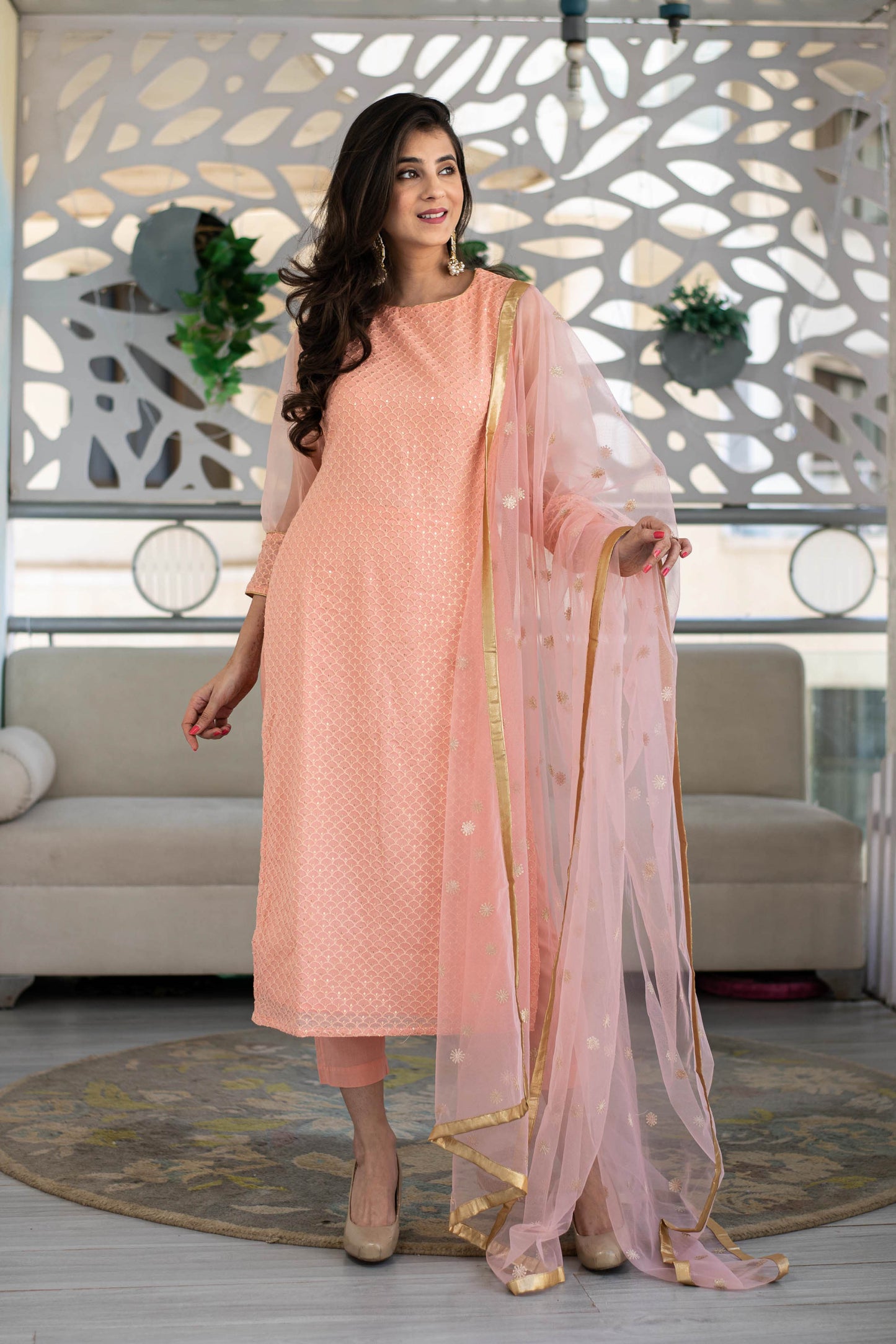 Women's Peach Thread Work Kurta With Organza Sleeves (3pc Set) - Label Shaurya Sanadhya