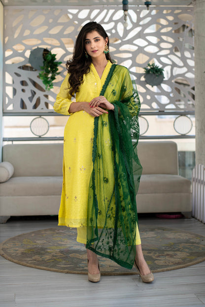 Women's Yellow Kurta With Green Dupatta (3pc Set) - Label Shaurya Sanadhya (3pc Set)