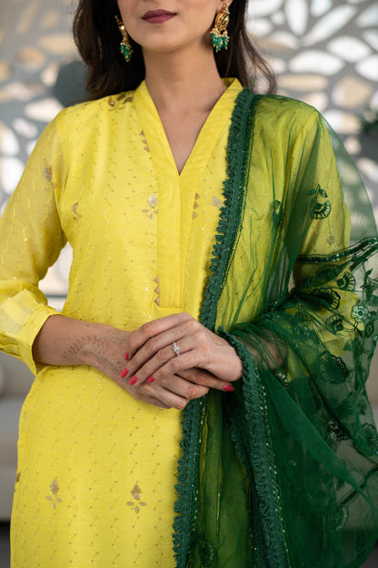 Women's Yellow Kurta With Green Dupatta (3pc Set) - Label Shaurya Sanadhya (3pc Set)