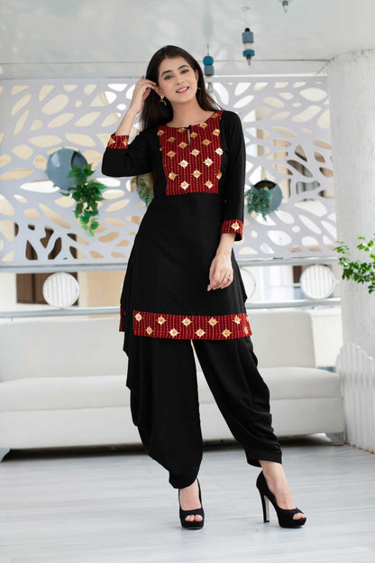 Women's Black Patiala Set With Red Neck Work (2pcs Set) - Label Shaurya Sanadhya