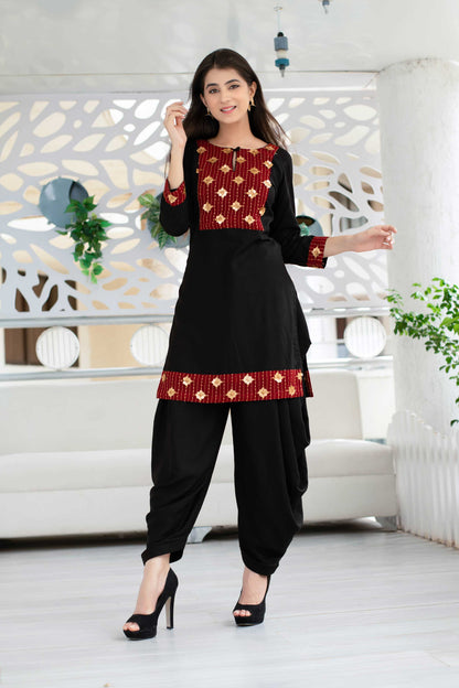 Women's Black Patiala Set With Red Neck Work (2pcs Set) - Label Shaurya Sanadhya