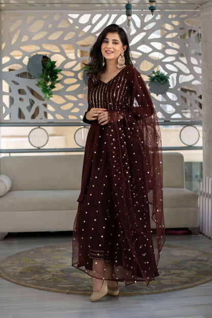 Women's Brown High Low Anarkali Set (3 Pc Set) - Label Shaurya Sanadhya