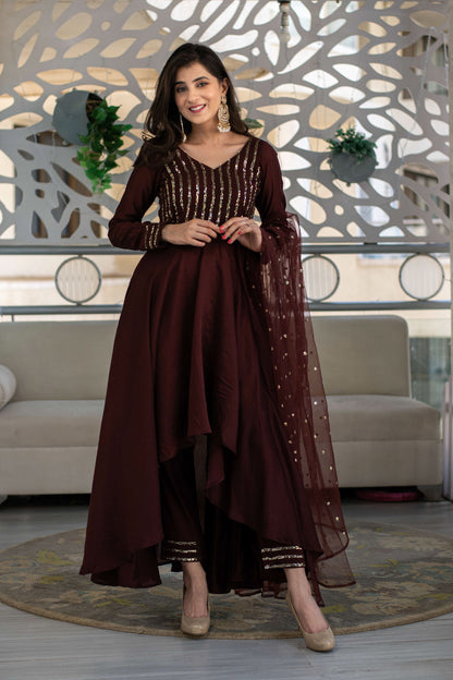 Women's Brown High Low Anarkali Set (3 Pc Set) - Label Shaurya Sanadhya