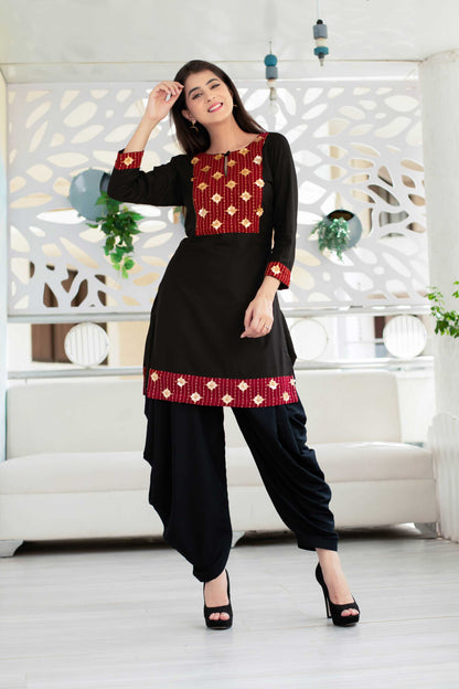 Women's Black Patiala Set With Red Neck Work (2pcs Set) - Label Shaurya Sanadhya