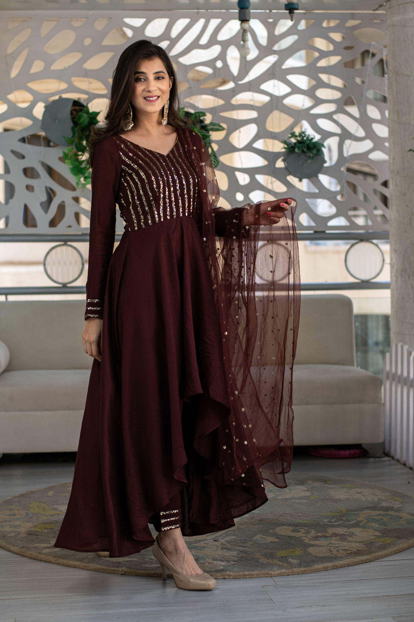 Women's Brown High Low Anarkali Set (3 Pc Set) - Label Shaurya Sanadhya