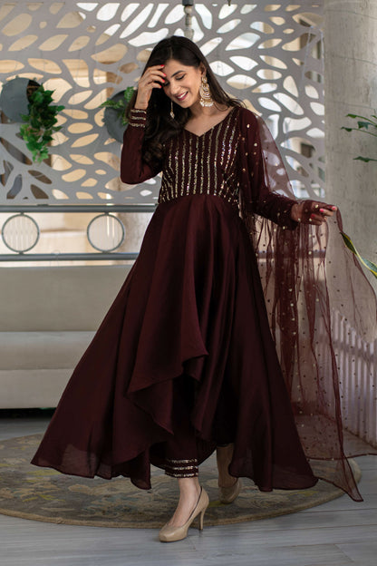 Women's Brown High Low Anarkali Set (3 Pc Set) - Label Shaurya Sanadhya