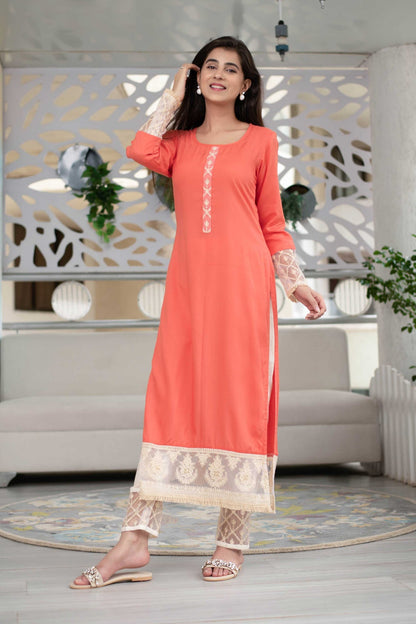 Women's Peach Kurta Set With Thread Work - Label Shaurya Sanadhya