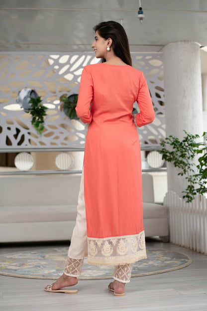 Women's Peach Kurta Set With Thread Work - Label Shaurya Sanadhya