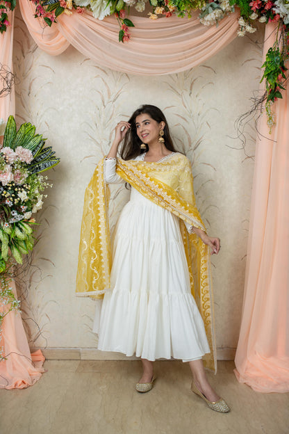 Women's White 3-Tiered Kurta With Dupatta - Label Shaurya Sanadhya