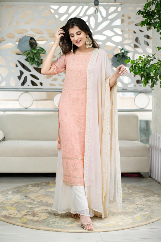 Women's Light Peach Lucknowi With Palazzo Set (3pcs Set) - Label Shaurya Sanadhya