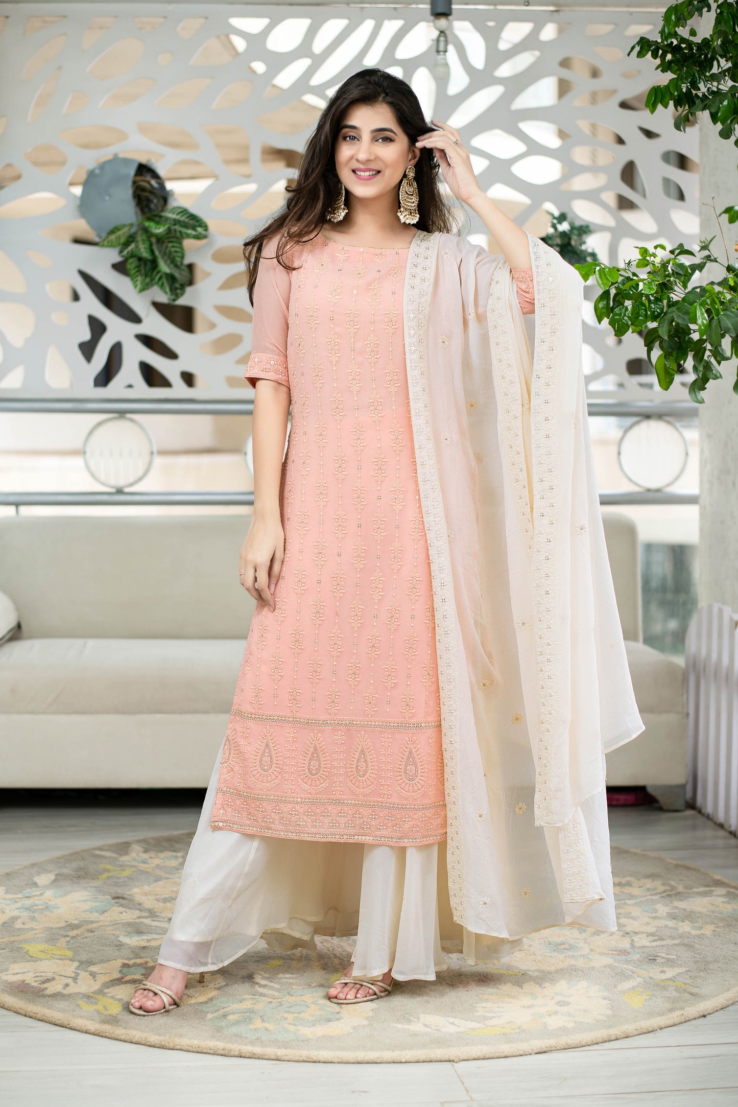 Women's Light Peach Lucknowi With Palazzo Set (3pcs Set) - Label Shaurya Sanadhya