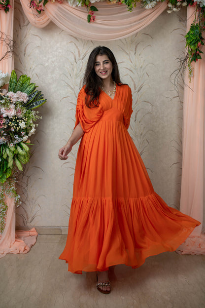 Women's Orange Pleated Gown - Label Shaurya Sanadhya