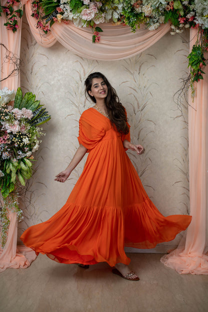 Women's Orange Pleated Gown - Label Shaurya Sanadhya