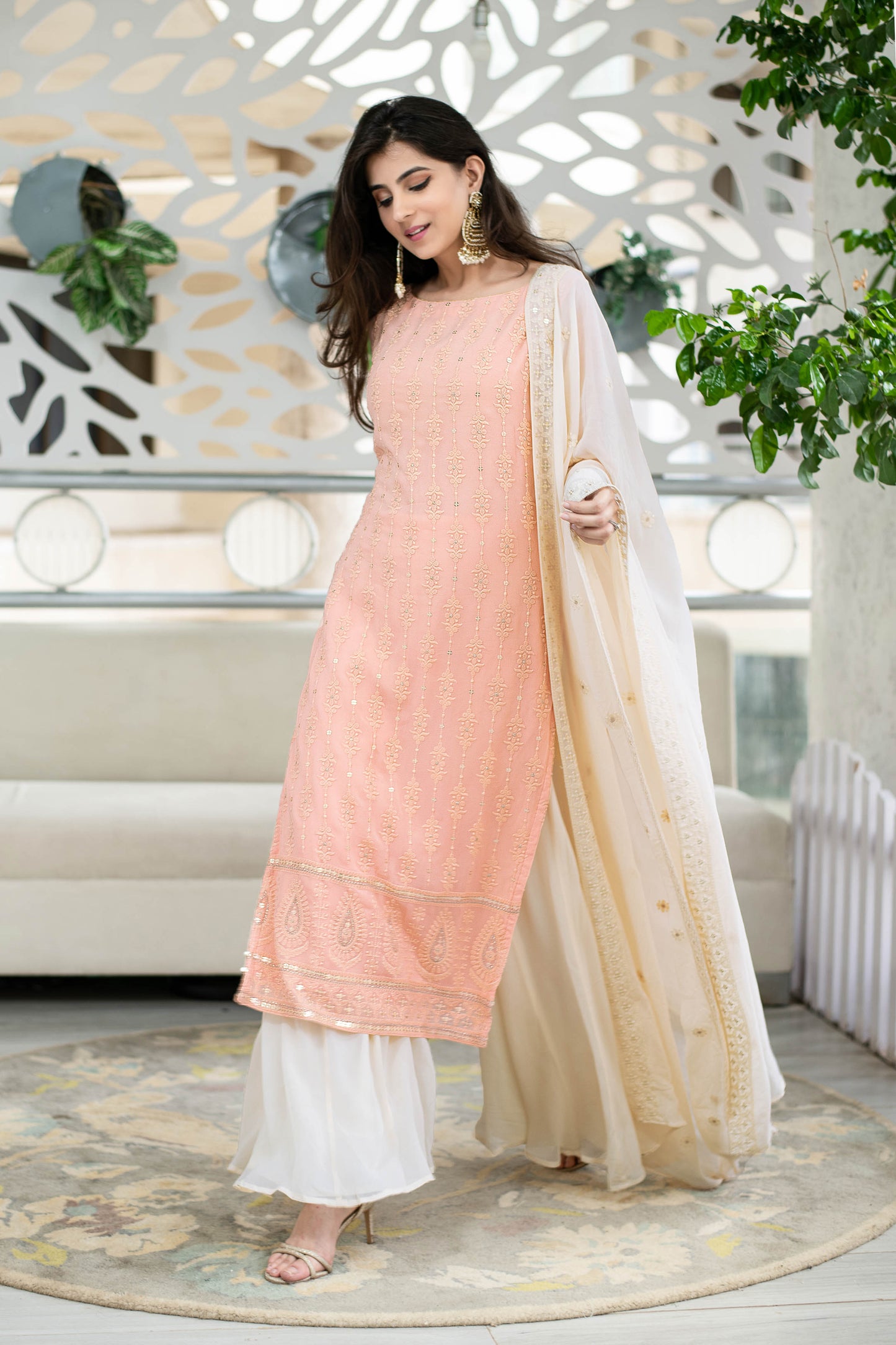 Women's Light Peach Lucknowi With Palazzo Set (3pcs Set) - Label Shaurya Sanadhya