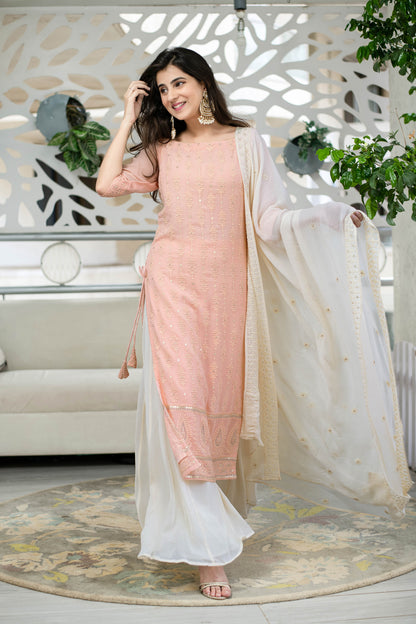 Women's Light Peach Lucknowi With Palazzo Set (3pcs Set) - Label Shaurya Sanadhya