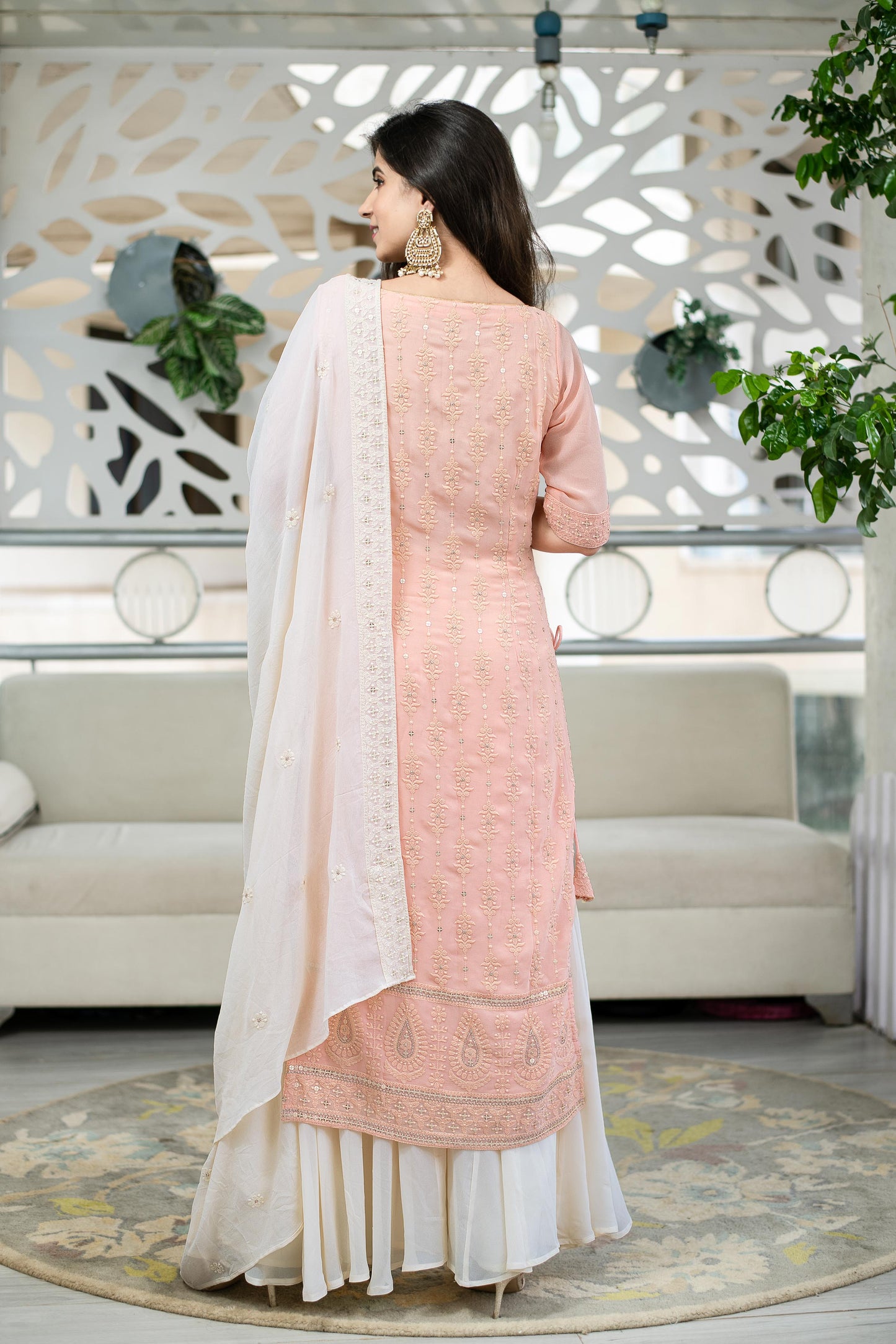 Women's Light Peach Lucknowi With Palazzo Set (3pcs Set) - Label Shaurya Sanadhya