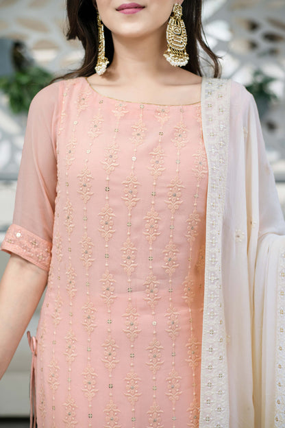 Women's Light Peach Lucknowi With Palazzo Set (3pcs Set) - Label Shaurya Sanadhya