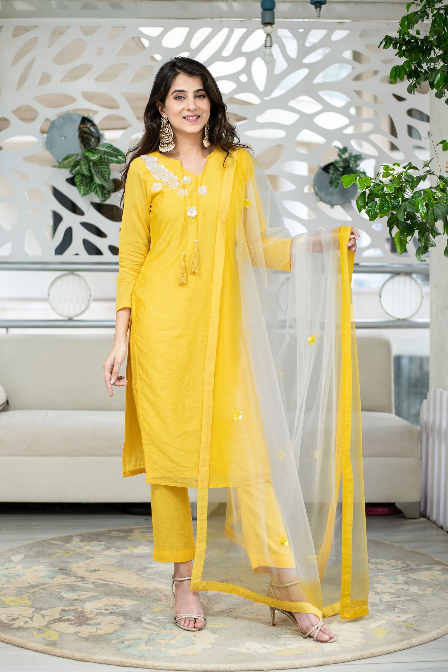 Women's Yellow Chanderi Hand Work Kurta Set (3pc Set) - Label Shaurya Sanadhya