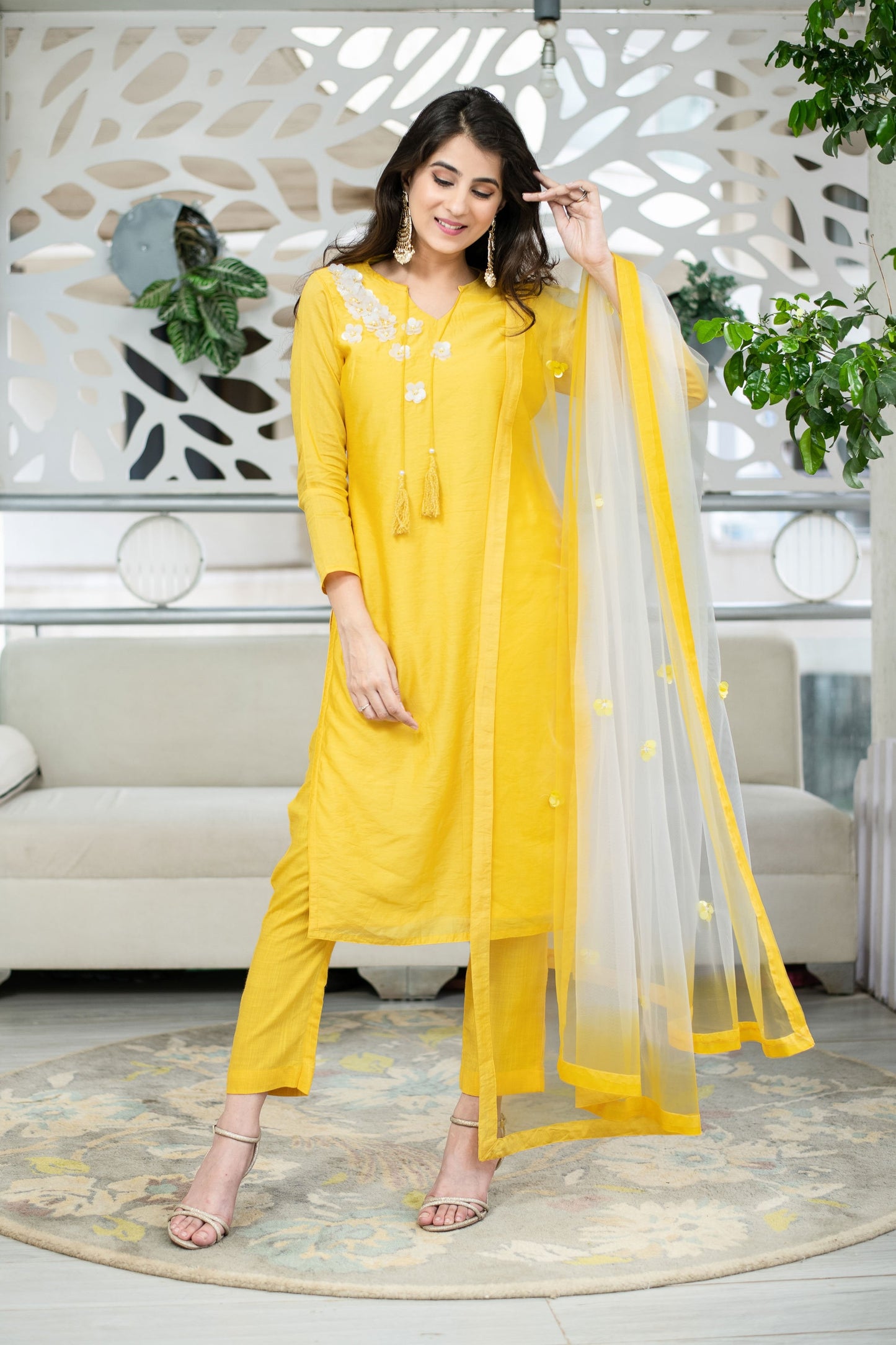 Women's Yellow Chanderi Hand Work Kurta Set (3pc Set) - Label Shaurya Sanadhya