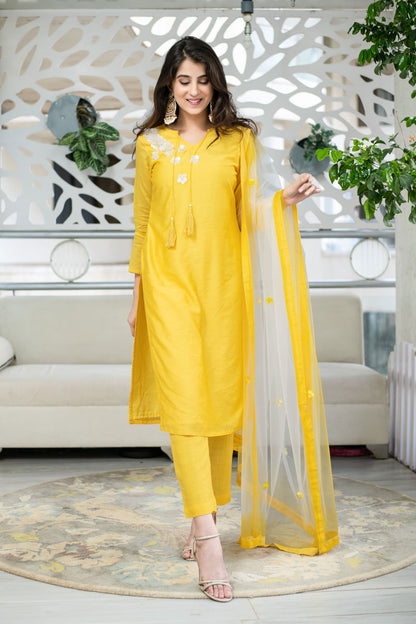 Women's Yellow Chanderi Hand Work Kurta Set (3pc Set) - Label Shaurya Sanadhya