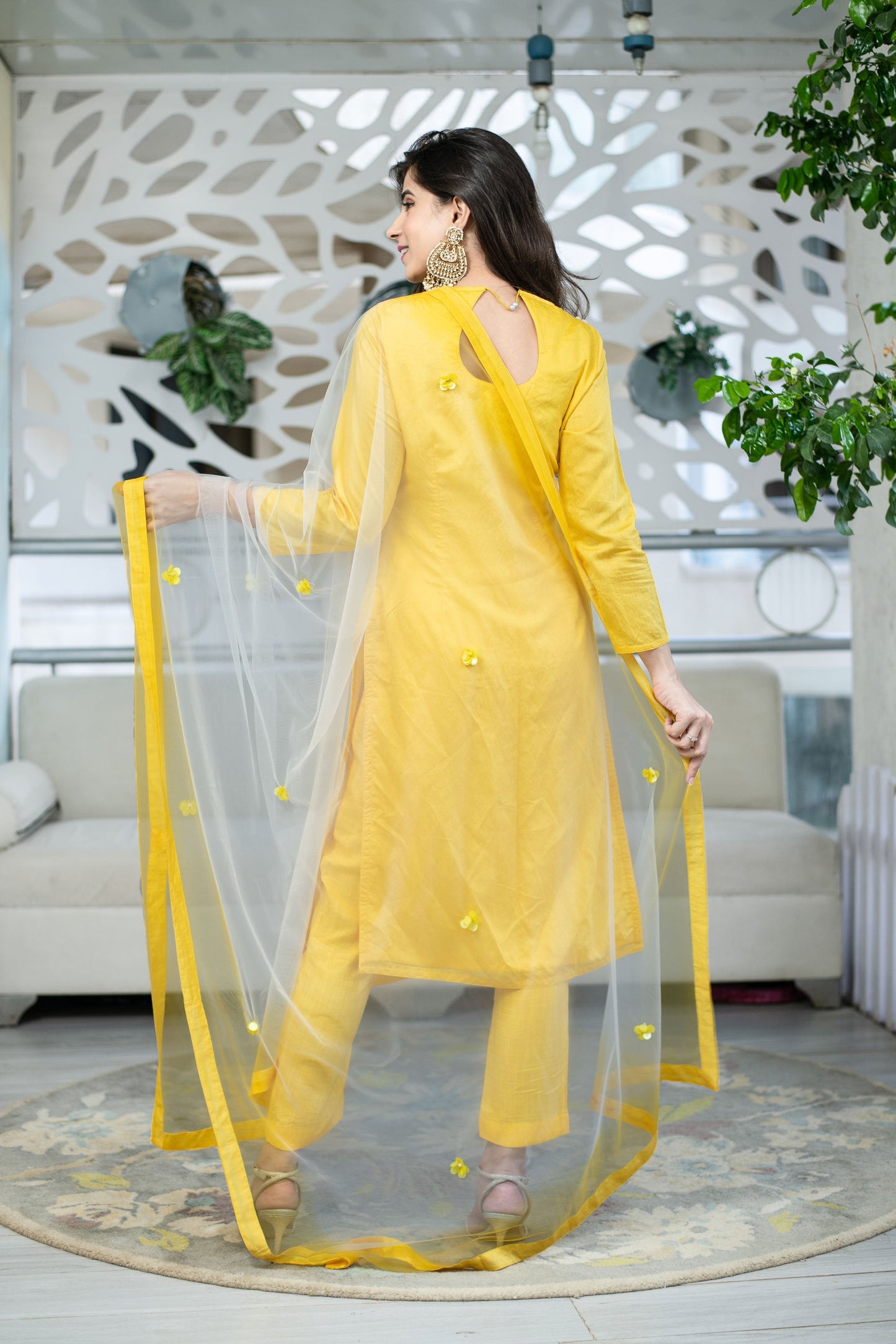 Women's Yellow Chanderi Hand Work Kurta Set (3pc Set) - Label Shaurya Sanadhya