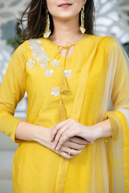 Women's Yellow Chanderi Hand Work Kurta Set (3pc Set) - Label Shaurya Sanadhya