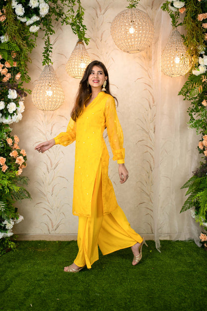 Women's Yellow Mirror Work Organza Kurta With palazzo - Label Shaurya Sanadhya