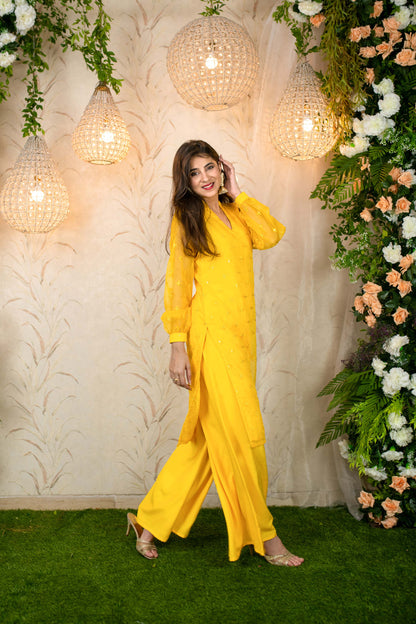 Women's Yellow Mirror Work Organza Kurta With palazzo - Label Shaurya Sanadhya