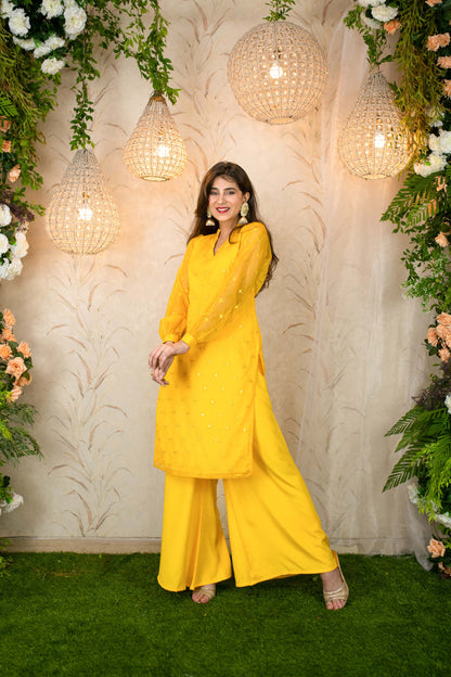 Women's Yellow Mirror Work Organza Kurta With palazzo - Label Shaurya Sanadhya